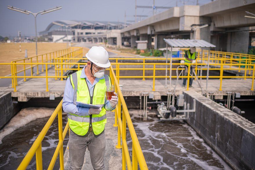 Técnico con casco y chaleco relevando una planta de tratamiento